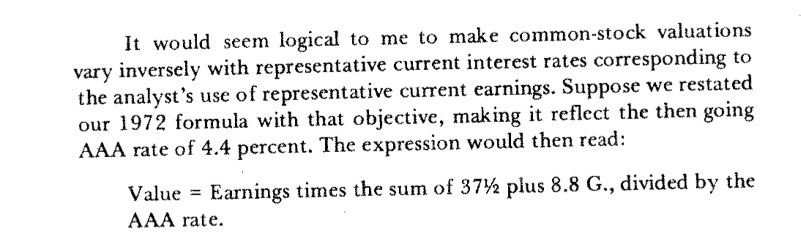 Intrinsic Value = Earnings x (37½ + 8.8 G) ÷ AAA rate